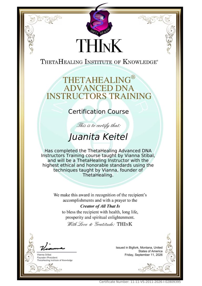 Instructor-Urkunde ThetaHealing Advanced DNA von Juanita Keitel, ausgestellt vom ThetaHealing Institute of Knowledge, September 2026