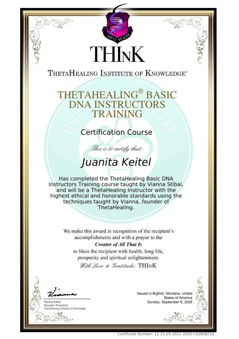 Instructor-Urkunde ThetaHealing Basic DNA von Juanita Keitel, ausgestellt vom ThetaHealing Institute of Knowledge, September 2026